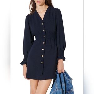 SANDRO Paris Lylie Dress with snap buttons and smocked belt Blue Size 42 = 10 US